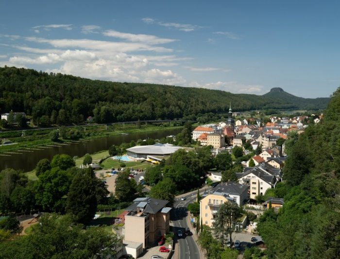 A scenic view of a small town surrounded by trees