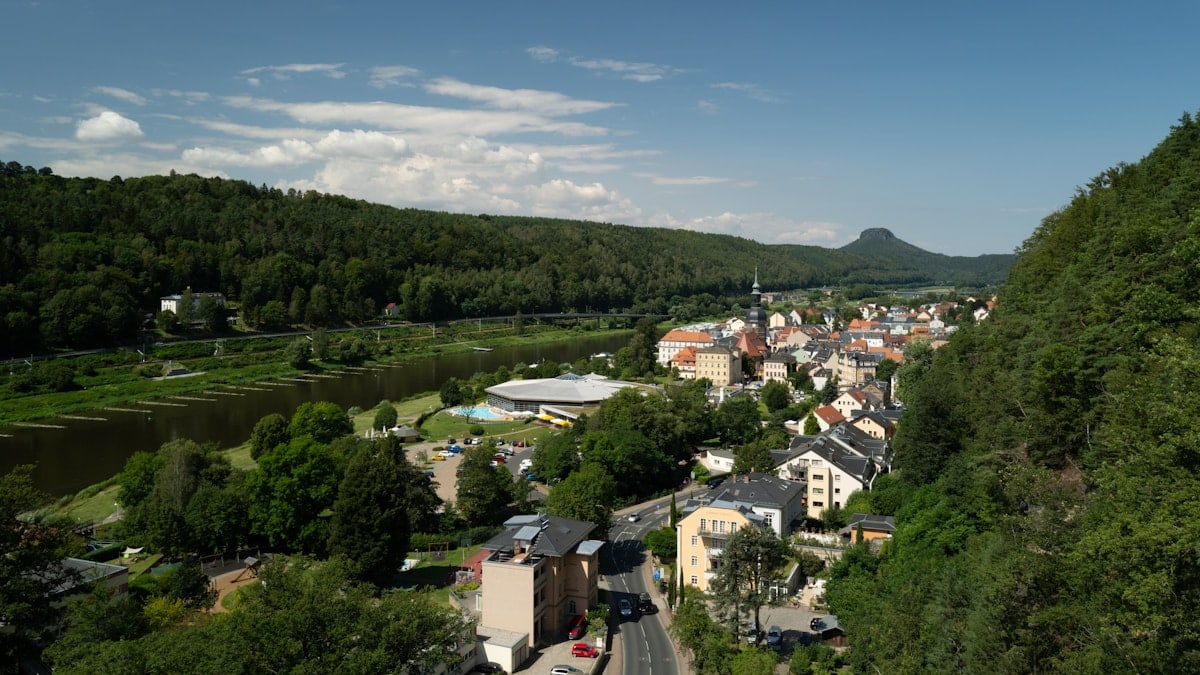 A scenic view of a small town surrounded by trees